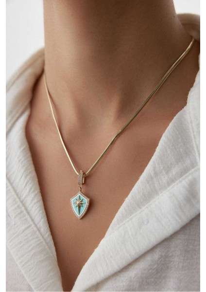 14 Ayar Altın Turkuaz Kuzey Yıldızı Charm Kolye