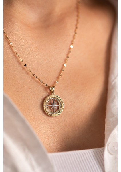 14 Ayar Altın Italyan Aynalı Pusula Kolye