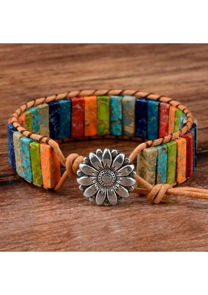 El Yapımı Renkli Doğal Taş Bileklik – Çiçek Motifli Düğme, Ayarlanabilir Deri Örgü Tasarım fiyatları