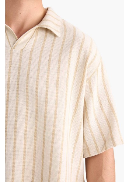 Oversize Geniş Kalıp Polo Yaka Çizgili Kısa Kollu Gömlek C7062AX25SM