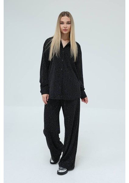 Taş Detaylı Geniş Paça Pantolon ve Düğmeli Gömlek Ikili Takım fiyatları
