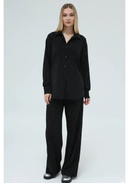 Taş Detaylı Geniş Paça Pantolon ve Düğmeli Gömlek Ikili Takım modelleri