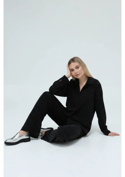 Taş Detaylı Geniş Paça Pantolon ve Düğmeli Gömlek Ikili Takım indirimleri