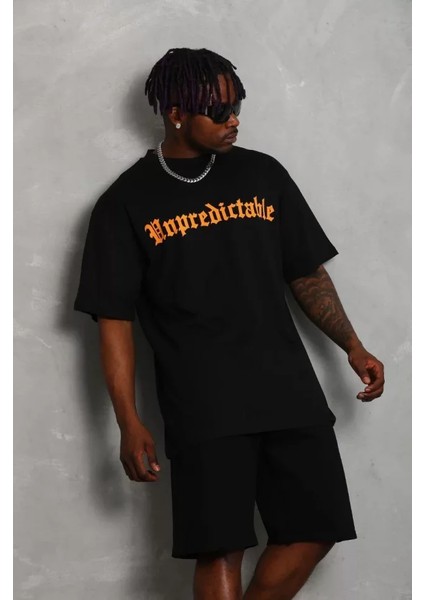 Unisex Oversize Baskılı Bisiklet Yaka T-Shirt - Siyah fiyatları