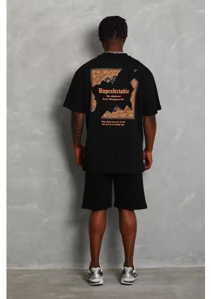 Unisex Oversize Baskılı Bisiklet Yaka T-Shirt - Siyah modelleri