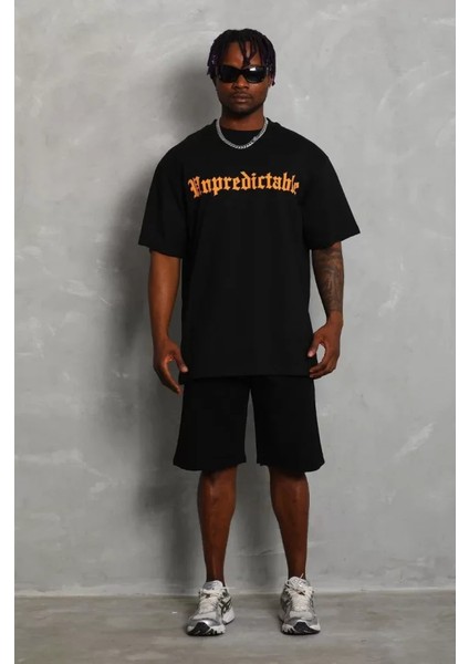 Unisex Oversize Baskılı Bisiklet Yaka T-Shirt - Siyah fırsatları