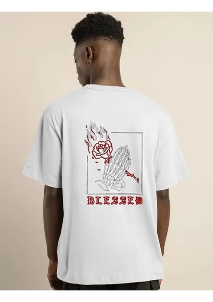 Unisex Bisiklet Yaka Oversize Baskılı T-Shirt - Beyaz fiyatları