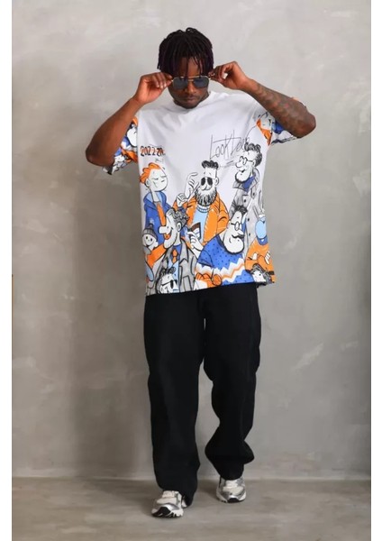 Unisex Oversize Baskılı Bisiklet Yaka T-Shirt - Beyaz modelleri