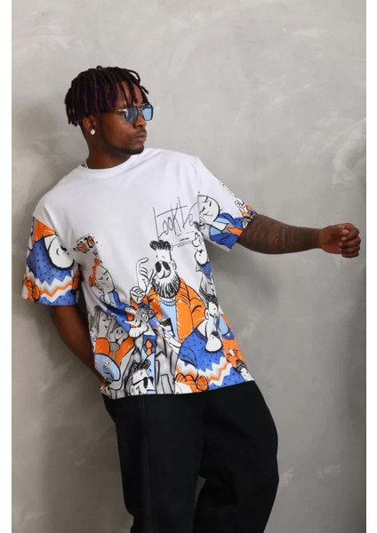 Unisex Oversize Baskılı Bisiklet Yaka T-Shirt - Beyaz fırsatları