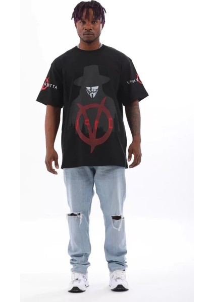 Unisex Oversize Baskılı Bisiklet Yaka T-Shirt - Siyah