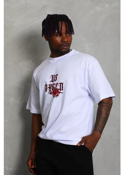 Unisex Oversize Baskılı Bisiklet Yaka T-Shirt - Beyaz