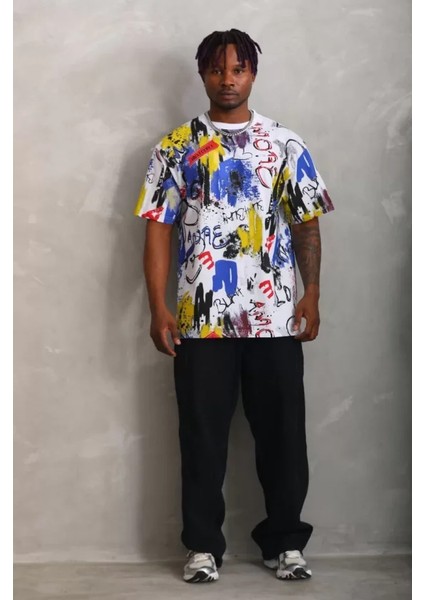 Unisex Oversize Baskılı Bisiklet Yaka T-Shirt - Beyaz