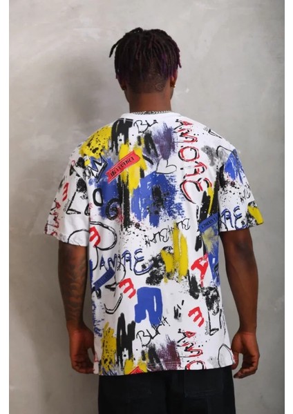 Unisex Oversize Baskılı Bisiklet Yaka T-Shirt - Beyaz fiyatları