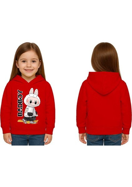 Unisex Baskılı Çocuk Swaetshirt Labubu Baskılı Kapüşonlu 3 Iplik Şardonlu