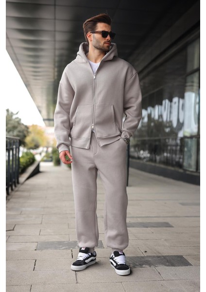 Boyalı Gri Çift Fermuarlı Kapüşonlu Eşofman Takımı E7345