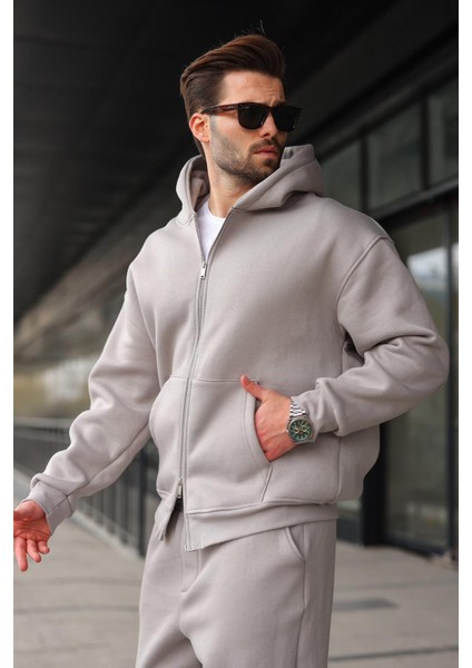 Boyalı Gri Çift Fermuarlı Kapüşonlu Eşofman Takımı E7345 fiyatları