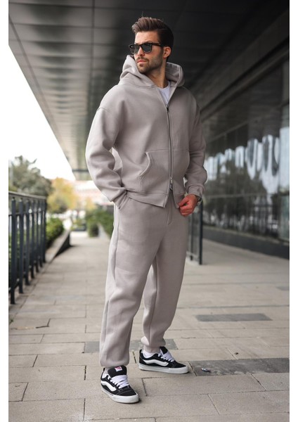 Boyalı Gri Çift Fermuarlı Kapüşonlu Eşofman Takımı E7345 modelleri
