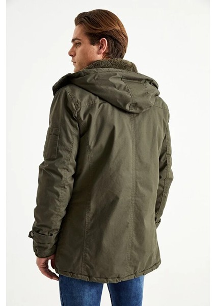 Erkek Haki Kapüşonlu Kürk Astarlı Su Geçirmez Kaplamalı Kalın Kaban 2485