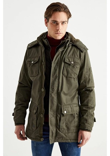 Erkek Haki Kapüşonlu Kürk Astarlı Su Geçirmez Kaplamalı Kalın Kaban 2485 fiyatları