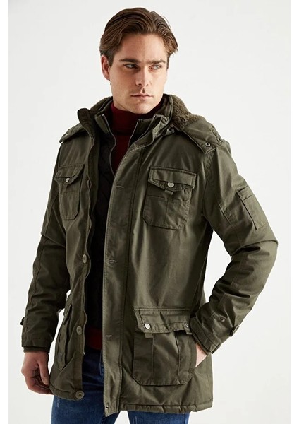 Erkek Haki Kapüşonlu Kürk Astarlı Su Geçirmez Kaplamalı Kalın Kaban 2485 modelleri