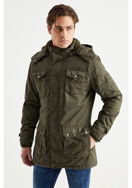 Erkek Haki Kapüşonlu Kürk Astarlı Su Geçirmez Kaplamalı Kalın Kaban 2485 fırsatları