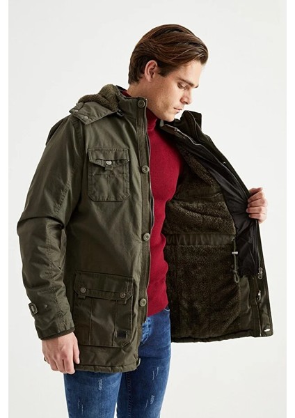 Erkek Haki Kapüşonlu Kürk Astarlı Su Geçirmez Kaplamalı Kalın Kaban 2485 indirimleri