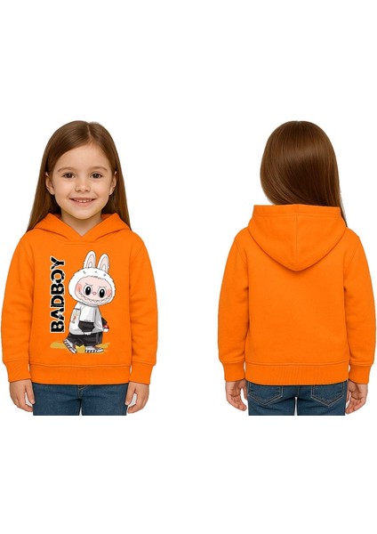 Unisex Baskılı Çocuk Swaetshirt Labubu Baskılı Kapüşonlu 3 Iplik Şardonlu