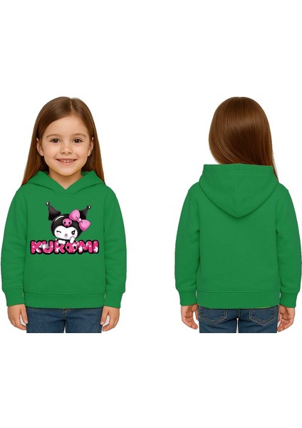 Unisex Baskılı Çocuk Swaetshirt Kapüşonlu 3 Iplik Şardonlu Kuromi Baskılı