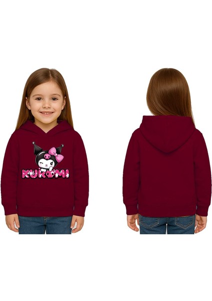 Unisex Baskılı Çocuk Swaetshirt Kapüşonlu 3 Iplik Şardonlu Kuromi Baskılı