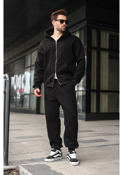 Siyah Çift Fermuarlı Kapüşonlu Eşofman Takımı E7345