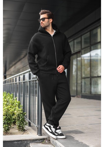 Siyah Çift Fermuarlı Kapüşonlu Eşofman Takımı E7345 modelleri