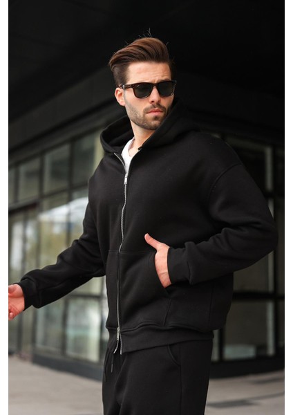 Siyah Çift Fermuarlı Kapüşonlu Eşofman Takımı E7345 fırsatları