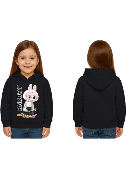 Unisex Baskılı Çocuk Swaetshirt Labubu Baskılı Kapüşonlu 3 Iplik Şardonlu
