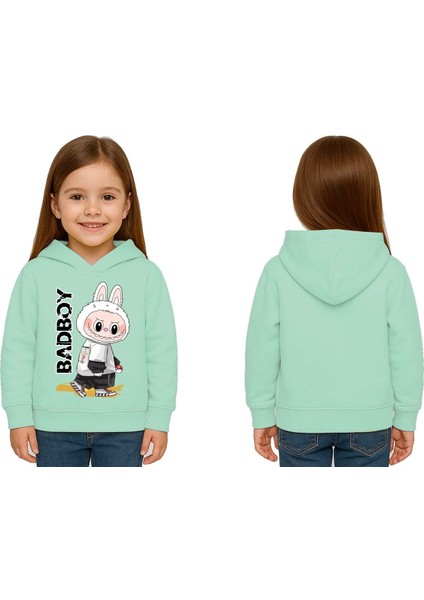 Unisex Baskılı Çocuk Swaetshirt Labubu Baskılı Kapüşonlu 3 Iplik Şardonlu