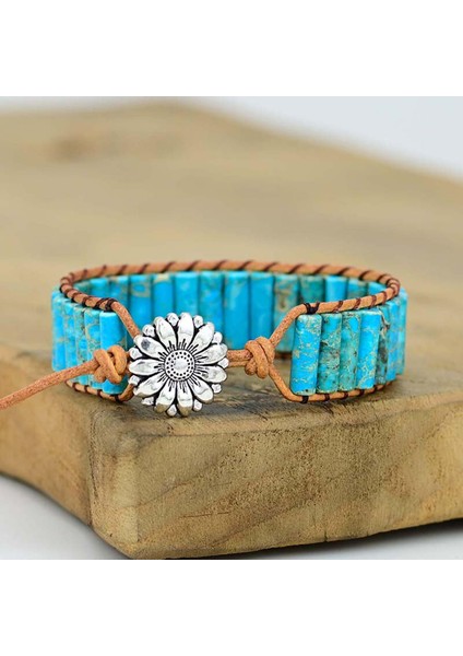 Doğal Turkuaz Taşı Bileklik – El Yapımı Ayarlanabilir Örgü Deri Tasarım indirimleri