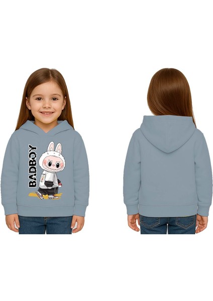 Unisex Baskılı Çocuk Swaetshirt Labubu Baskılı Kapüşonlu 3 Iplik Şardonlu