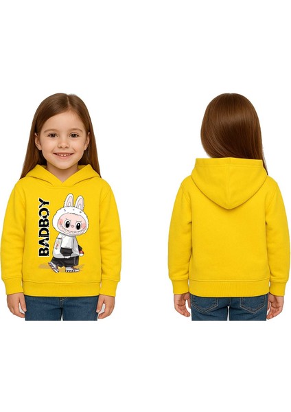 Unisex Baskılı Çocuk Swaetshirt Labubu Baskılı Kapüşonlu 3 Iplik Şardonlu