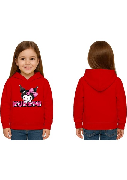Unisex Baskılı Çocuk Swaetshirt Kapüşonlu 3 Iplik Şardonlu Kuromi Baskılı