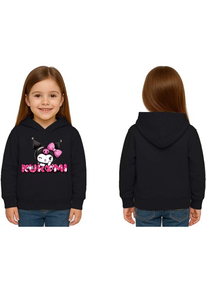 Unisex Baskılı Çocuk Swaetshirt Kapüşonlu 3 Iplik Şardonlu Kuromi Baskılı