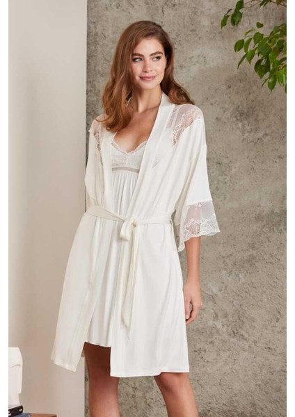 Penye Dantelli Gecelik Sabahlık Takım 4010 Ekru