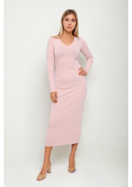 V Yaka Uzun Kol Fitilli Elbise