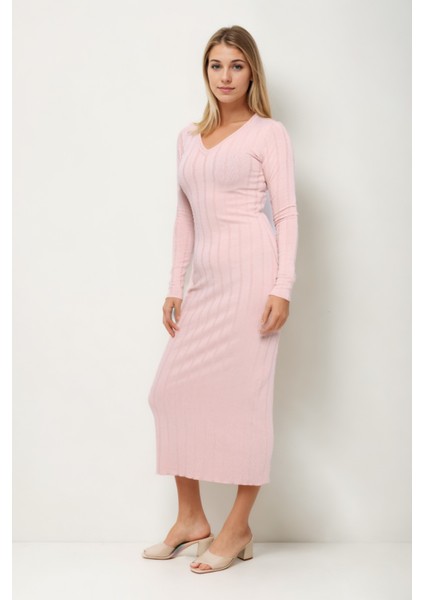 V Yaka Uzun Kol Fitilli Elbise modelleri