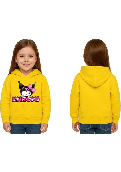 Unisex Baskılı Çocuk Swaetshirt Kapüşonlu 3 Iplik Şardonlu Kuromi Baskılı