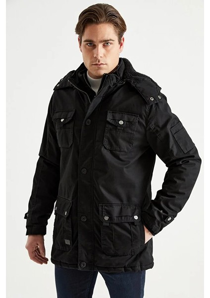 Erkek Siyah Kapüşonlu Kürk Astarlı Su Geçirmez Kaplamalı Kalın Kaban 2485