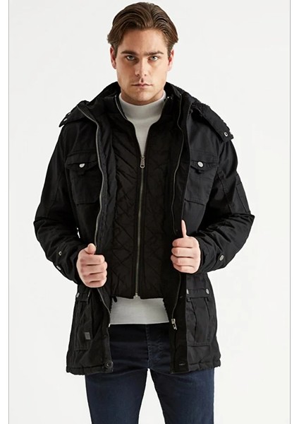 Erkek Siyah Kapüşonlu Kürk Astarlı Su Geçirmez Kaplamalı Kalın Kaban 2485 fiyatları