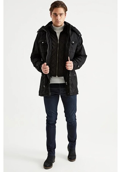 Erkek Siyah Kapüşonlu Kürk Astarlı Su Geçirmez Kaplamalı Kalın Kaban 2485 fırsatları