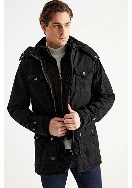 Erkek Siyah Kapüşonlu Kürk Astarlı Su Geçirmez Kaplamalı Kalın Kaban 2485 indirimleri