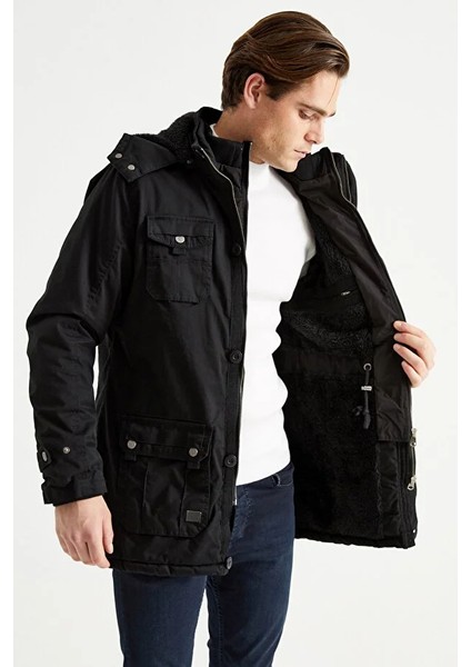 Erkek Siyah Kapüşonlu Kürk Astarlı Su Geçirmez Kaplamalı Kalın Kaban 2485