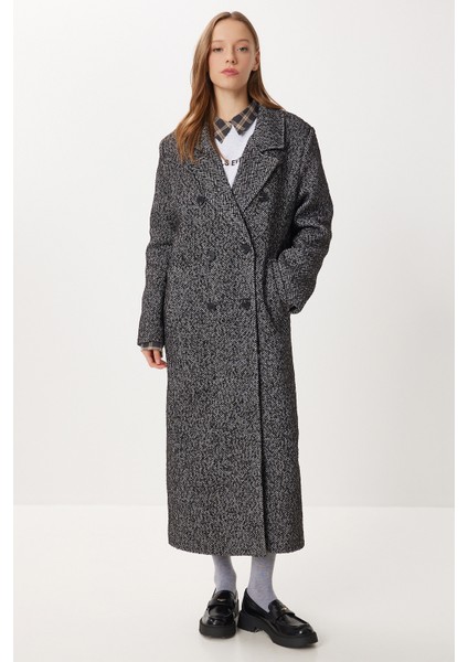 Oversize Balık Sırtı Kaşe Kaban LFN0134 Siyah Gri