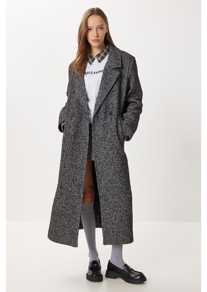 Oversize Balık Sırtı Kaşe Kaban LFN0134 Siyah Gri fırsatları